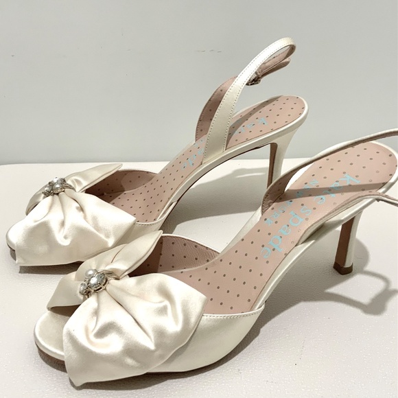 Kate Spade Happily Slingback Pumps Bridal Bow Ivory Satin Stiletto Heel Sandal 9 - Picture 12 of 16